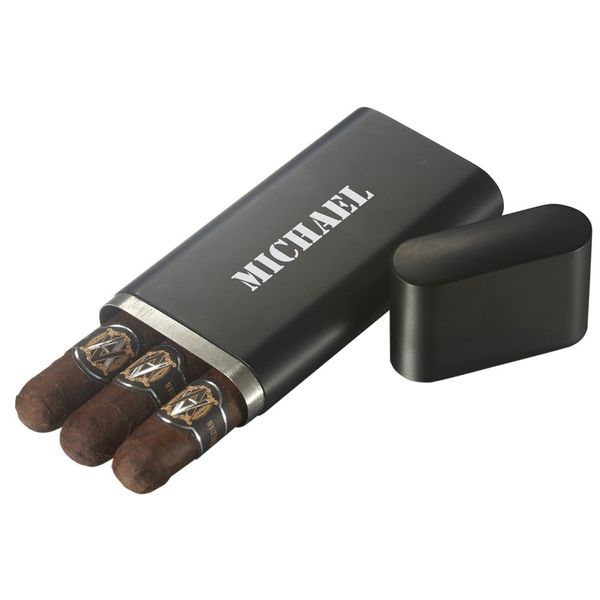 Personalized Prato Black Matte Stainless Steel 3 Finger Cigar Case with Free Laser Engraving