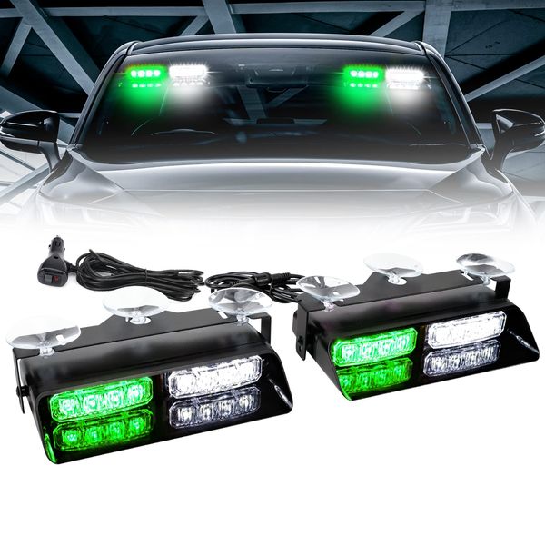 Afurkuot 2-in-1 LED Dash Strobe Light Interior Windshield Warning Emergency Light for Vehicles with Suction Cups, 2x7.2” Car LED Security Light Beacon Strobe Light for Trucks Cars (Green White)