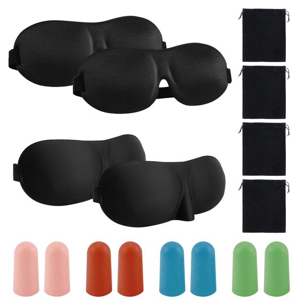 Adjustable Strap Sleeping Mask, 4 Pack Eye Sleep Shade Cover Set, Earplugs for Noise Cancelling, Ultra Soft Foam Earplugs, Eye Cover Blindfold with 4 Velvet Bags, Eye Mask for Both Men Women