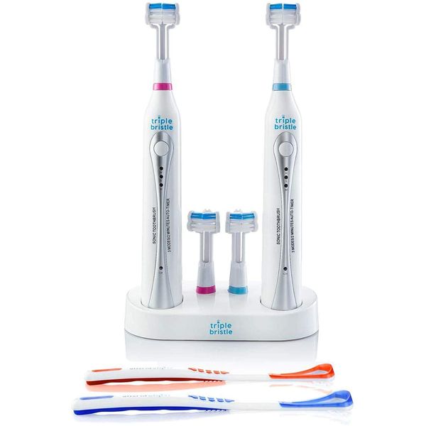 Triple Bristle Duo | 2 Sonic Toothbrushes with Dual Charging Station | Patented 3 Head Design | 31,000 VPM Electric Rechargeable Toothbrush Set For Adults, Families & Couples | Three Sided Sonic Brush