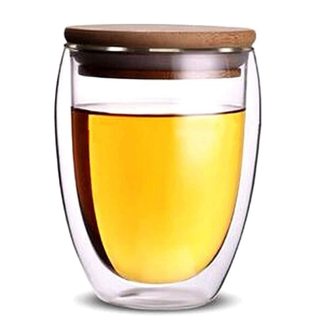 [morningplace] Double Wall Glass, Bamboo Lid Included, Tumbler, Double Wall Construction, Heat Resistant, 11.8 fl oz (350 ml)