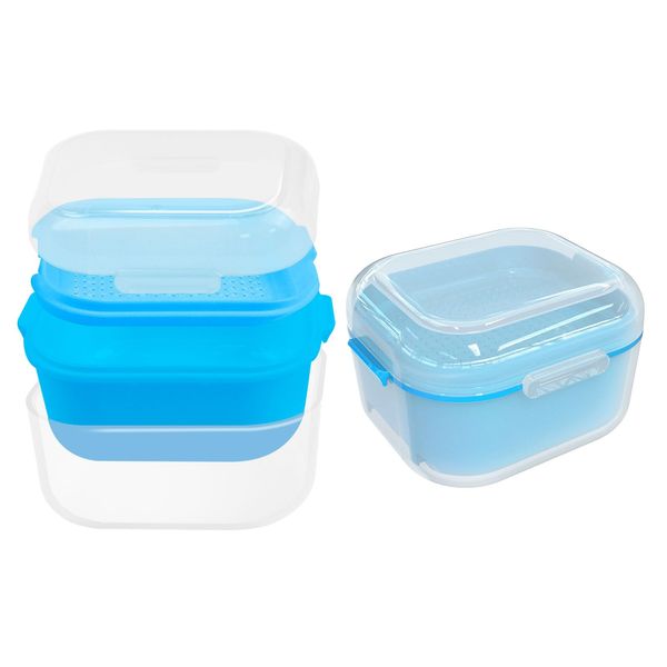 ROYUEXT Denture Case Travel Denture Box Small 9 * 8 * 6 cm Denture Cup for Soaking Container Dentures Bath with Filter, Dentures Cleaning Box,Blue Portable False Teeth Container(Blue)