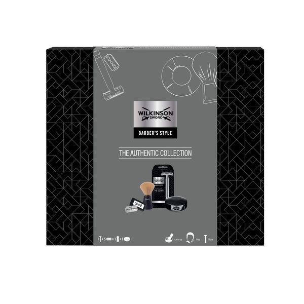 WILKINSON SWORD - Barber's Style for Men | The Authentic Collection​ | Double Edge Razor + 5 Blades | Shave Brush | Shave Soap Bowl