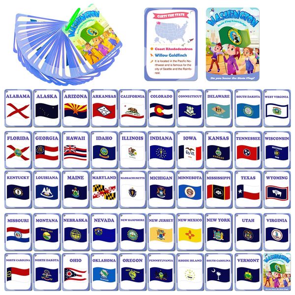 50PCS America State Flag Flash Cards for Kids Waterproof USA State Flag Flashcards U.S. State Flag Education Flashcards United States State Flag Educational Learning Card