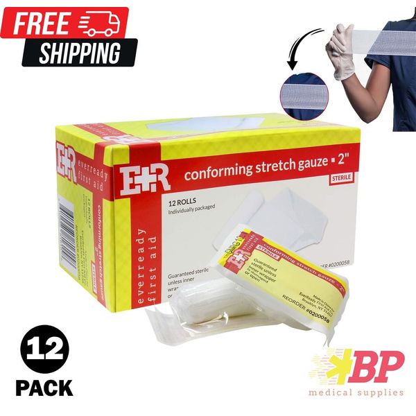 Ever Ready First Aid Sterile Conforming Stretch Gauze Roll Bandage 2" - 12 Pack