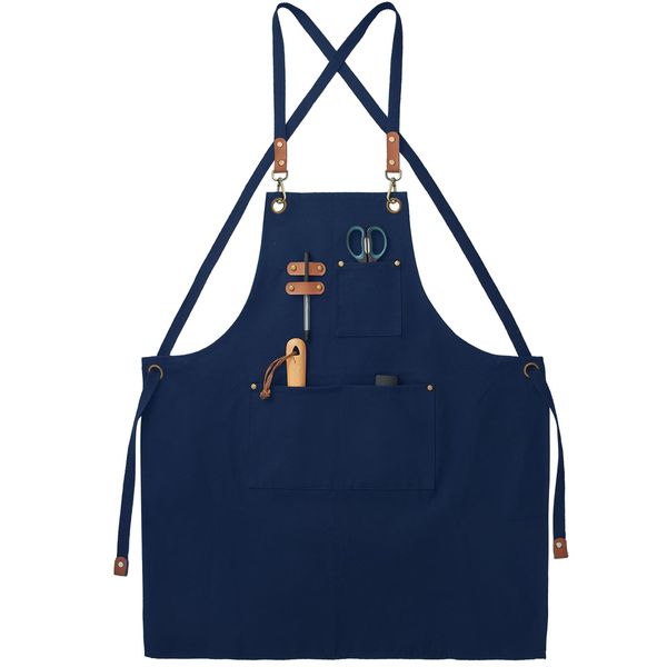 FunChaos Canvas Aprons, Chef Aprons, Work Aprons for Men Women, Adjustable Strap Aprons with 3 Pockets, Apron for Servers Kitchen Cooking Baking Artist Painting, Cross Back (Blue)