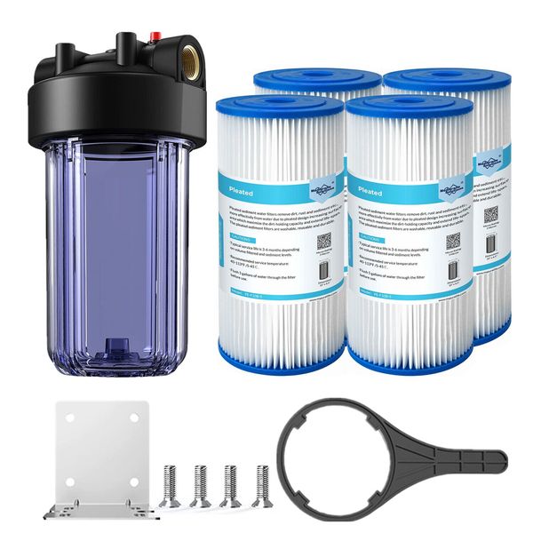 10 Inch Clear Big Blue Whole House Water Filter Housing &4pcs PP Pleated System