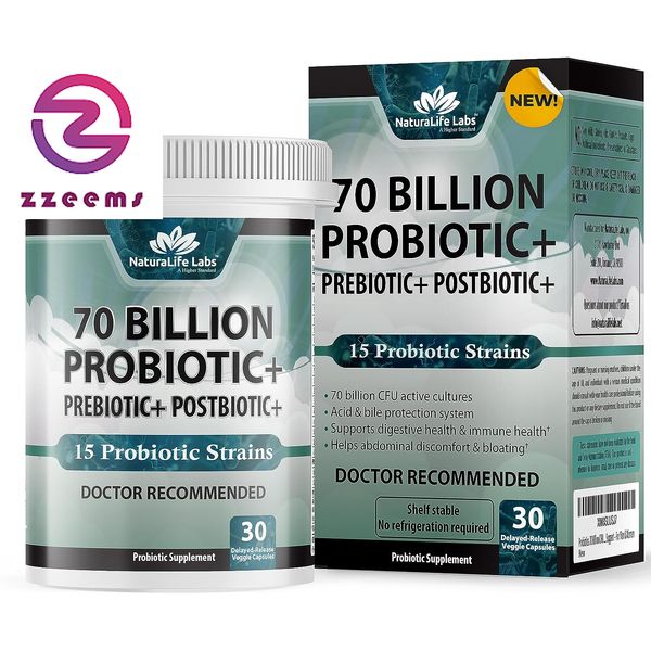Probiotics 70 Billion CFU – 15 Probiotic Strains + Organic Prebiotic+ Postbiotic