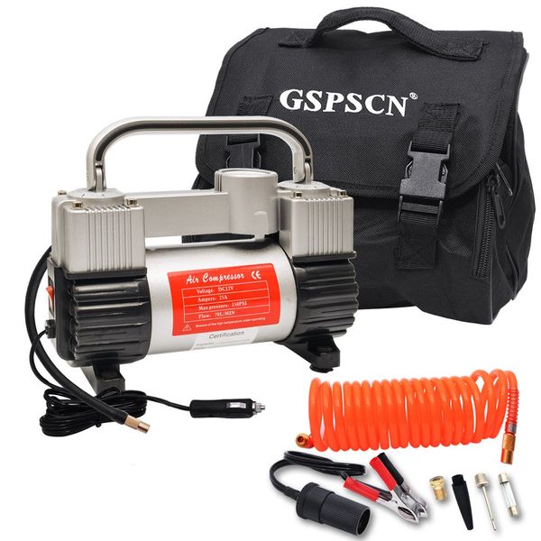 GSPSCN Silver Tire Inflator Heavy Duty Double Cylinders with Portable Bag, Metal 12V Air Compressor Pump 150PSI with Adapter for Car, Truck, SUV Tires, Dinghy, Air Bed etc