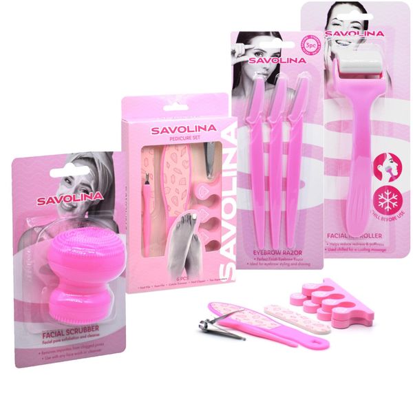 SAVOLINA 4 Packs of Beauty Tool Set Facial Roller, Facial Scrubber, Eyebrow Razors, Pedicure Set.