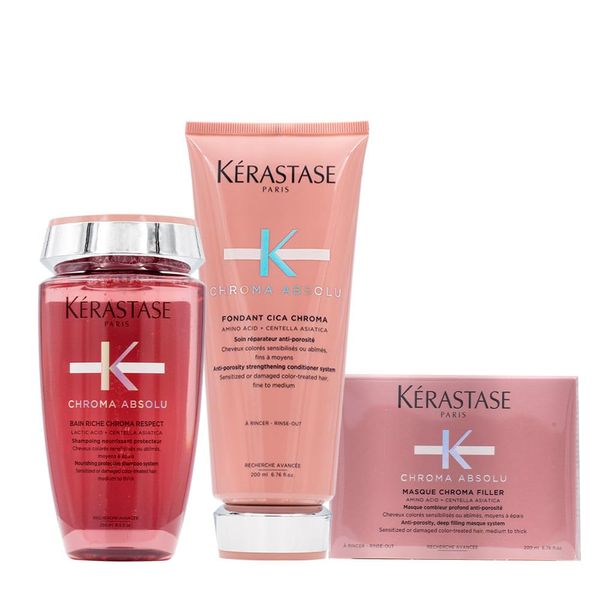 Kerastase PACK Chroma Absolu Bain Riche Shampoo 250ml, Chroma Absolu Strengthening Fondant 200ml and