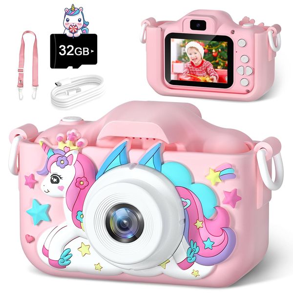 Anesky Kids Camera, 1080P HD Toddler Digital Camera Toy for Ages 5-7, Fun & Educational Toy with 32GB TF Card, Best Christmas & Birthday Gift for Boys & Girls 3 4 5 6 7 8 9 10 11 12 Year Old, Pink