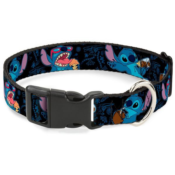 Buckle-Down Stitch Snacking Poses Black/Blue Plastic Clip Collar, Wide Small/13-18"