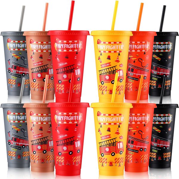 Mifoci Firefighter Plastic Cups with Lids and Straws 24oz Reusable Fire Truck Cups for Firefighter Birthday Party Supplies Decorations(12 Pack)