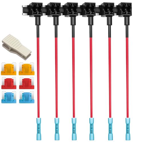 KILIGEN 6pcs 12V 24V Low Profile Mini Circuit Additional Fuse Tap with Heat Shrink Terminals, Mini Piggyback Blade Fuse Holder with Wire Harness, 6 Mini Blade Fuses (5A/10A/15A) and Fuse Puller