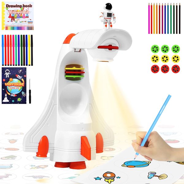 CWYQ Kids Drawing Projector Toys for Boys Girls Ages 3-8 Art Sketch Projector Tracing Drawing Kit with Space Rocket Ship Toys for 3 4 5 6 7 8 Year Old Kids Gifts (White)