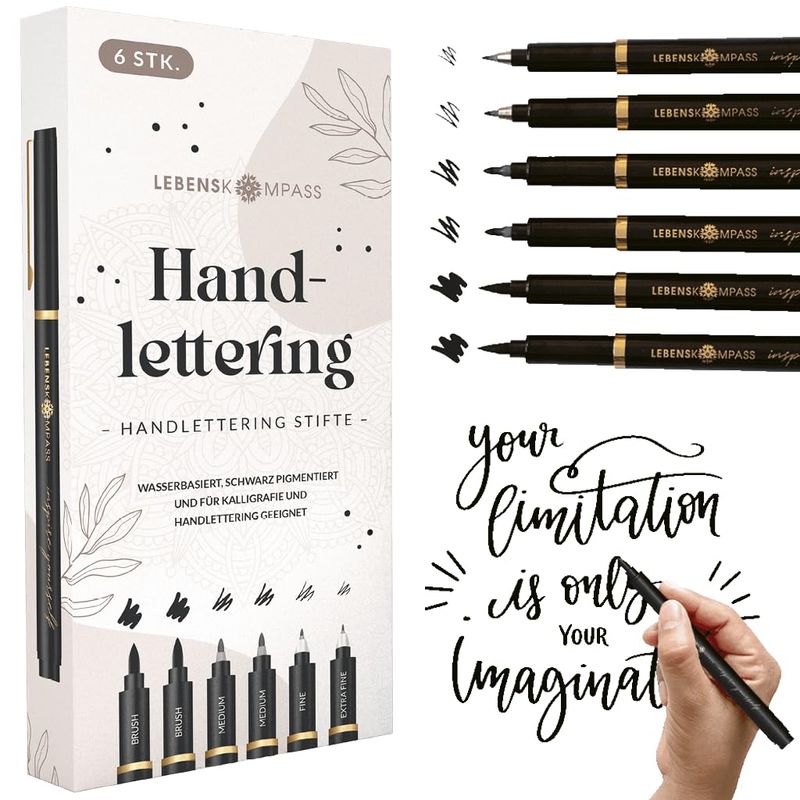 LEBENSKOMPASS Hand Lettering Pens Set of 6 Water-Based Hand Lettering ...