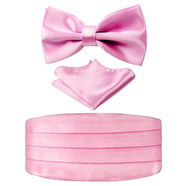 Alizeal Mens Solid Pre-tied Party Adjustable Bow Tie, Cummerbund and Pocket Square Gift Set, Pink