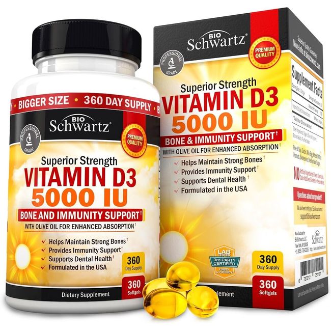 Vitamin D3 5000 IU (125 mcg) Natural Immune Support, Bone Strength, 360 softgels