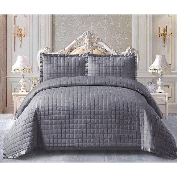 FK Style 3 Piece Quilted Bedspread Light Weight Embossed Pattern Bed Throw Quilt Set Warm (Grey, King)