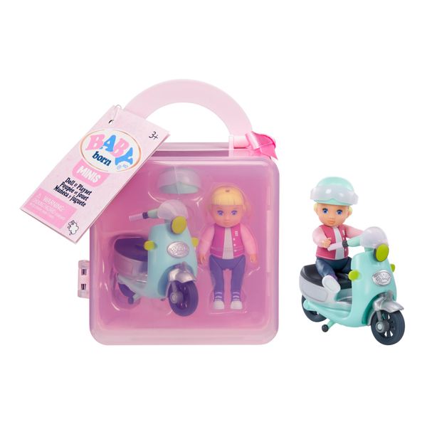 Baby Born MINIS Playset - Light Skin Tone Doll with Blue Eyes, Scooter & Helmet Accessory, Includes Reusable Carrying Case for On-The-Go Playtime