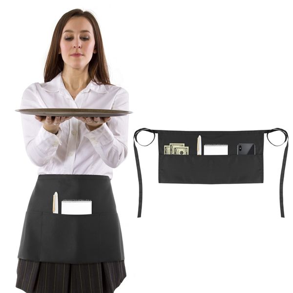 Lusofie Black Waitress Aprons,Cooking Kitchen Aprons With 3 Pockets,Water Oil Stain For Restaurant Servers Chef Waitress Waiter Aprons For Men And Women Black