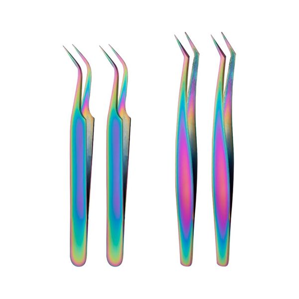 4 Pcs Stainless Steel Curved Pointed Tweezers Rainbow Eyelash Extension Tweezers Curved Fine Tip Tweezers Precision Craft Tweezers False Lash Applicators