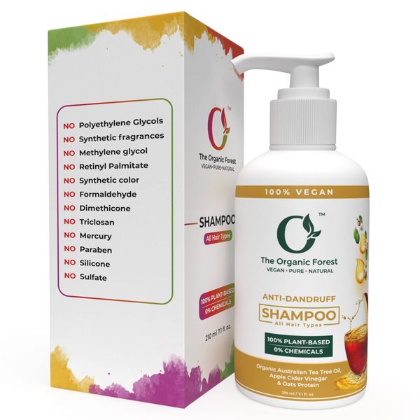 Organic Forest - 100% Chemical Free Vegan Anti Dandruff Shampoo - Dandruff Treatment - Dry Scalp Treatment - Itchy Scalp Shampoo - Dry Scalp Shampoo - Tea Tree Shampoo - Moisturizing Shampoo - 7.1 Fl Oz