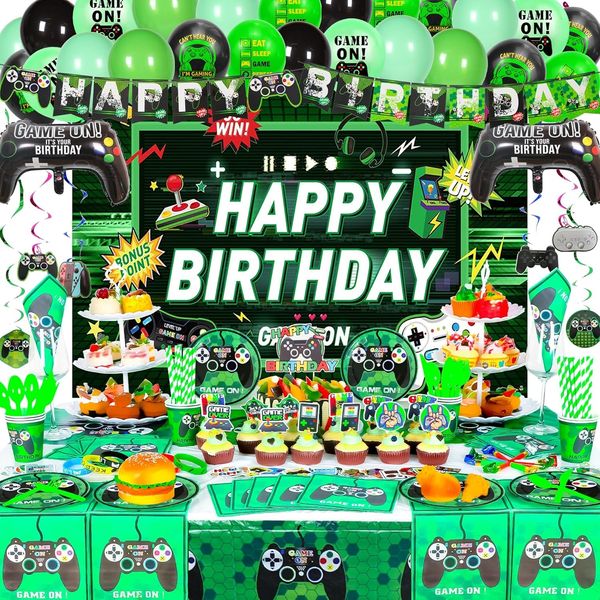 254 PCS Green Video Game Party Supplies, Game Theme Decorations for Serves 10 Guests Plates, Cups, Hanging Swirls, Balloons, Banner, Cake Topper, Tablecloth and Backdrop for Birthday Party