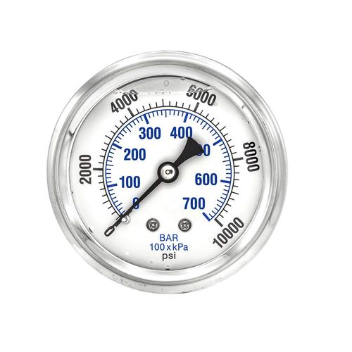 PIC Gauge PRO-202L-254U Glycerin Filled Industrial Center Back Mount Pressure Gauge with Stainless Steel Case, Brass Internals, Plastic Lens, 2-1/2" Dial Size, 1/4" Male NPT, 0/10000 psi