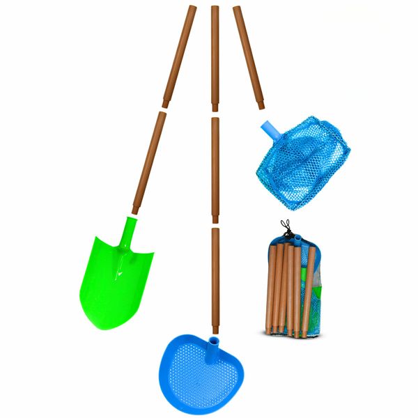 copa 9pc Extendable Beach Explorer Kit - 3 in 1 Easy Interchangeable Beach Shovel, Sand Sifter, Fishing Net Kids Beach Toys for Kids