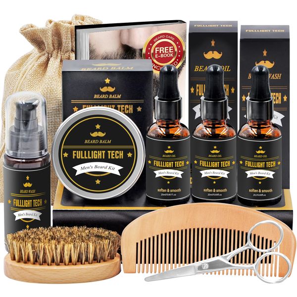 Beard Kit for Men Grooming & Care W/Beard Wash Shampoo,3 Pack Beard Oil,Beard Shaper,Beard Brush,Balm,Comb,Scissors,Beard Grooming Kit for Men Gift