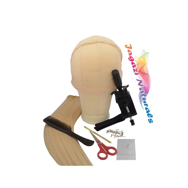 Perfect for Gift. Beige Series. Complete Starter Wig Making Set. Styrofoam head, Wig Cap. Comb. C Clamp. Weaving Thread. Sewing Needle. Elastic, Hair Extension. T Pins. Wig Combs (With Canvas Head)