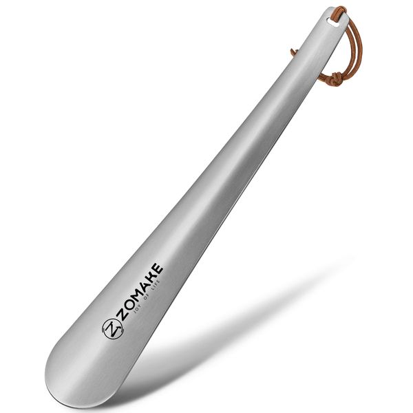 ZOMAKE Schuhlöffel Metall-Lang Schuhanzieher Edelstahl Shoe Horn Silber,30cm Schuhlöffel Stabil aus Stahl Öse Zum mit Seil