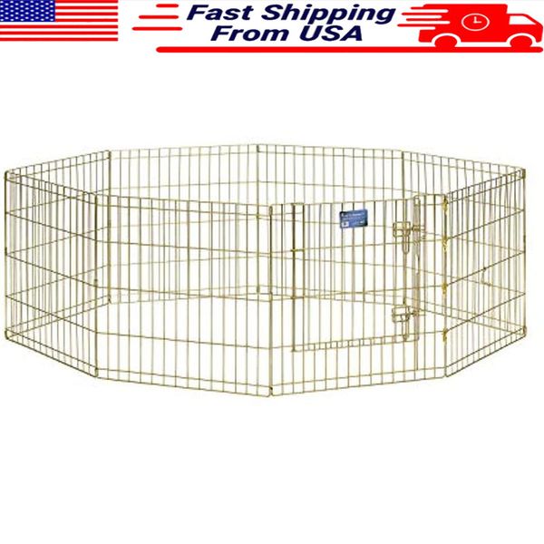 Metal Dog Exercise Pen No Door 24 in High Foldable Pet Playpen Outdoor Use Gold