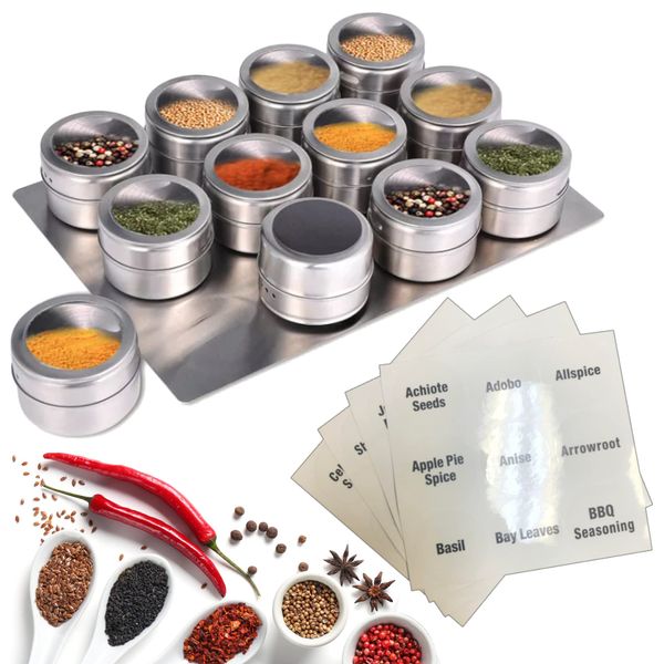 CMS MAGNETICS - (12-Pack Tin Jars Multi-Purpose Magnetic Container Organizer for DYI Craft Supplies, Tools, Paperclips, Office Supplies, and Spices for the Kitchen Refrigerator with Label Stickers