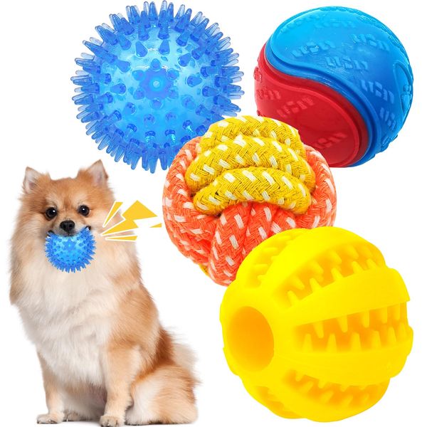 HAREDIG High Bouncy Squeaky Balls for Dogs Spiky Dog Ball Rubber Balls for Small Dogs Treat Dispensing Ball Dog Rope Ball for Interactive Playing Dog Chew Ball for Teething (4 Pack for Small Dogs)