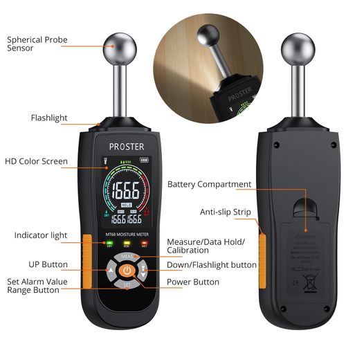 Proster Spherical Inductive Moisture Meter, 20-40mm Analysis Depth, Non-Destructive Moisture Meter for Wall Wood Masonry Concrete Plaster Building Materials, with Color LCD Alarm Function