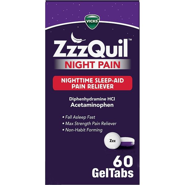 ZzzQuil Night Pain GelTabs, Nighttime Pain Relief, Sleep Aid Tablets, Diphenhydramine HCl and Acetaminophen, No.1 Sleep Aid Brand, Max Strength Pain Reliever, 60 GelTabs