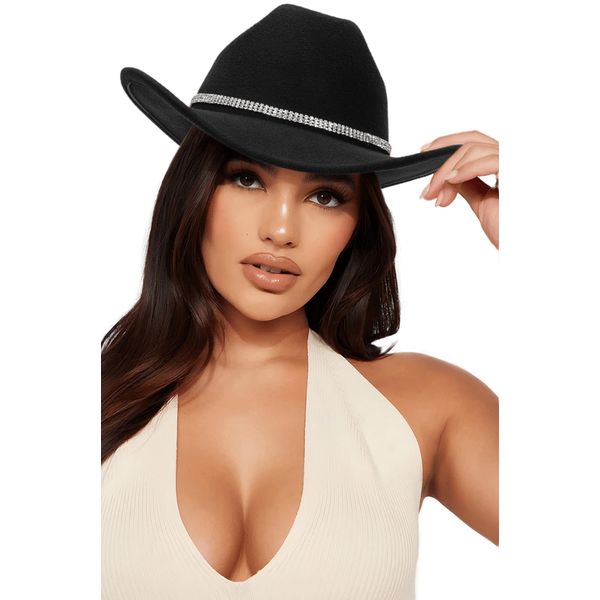 Women Western Rhinestone Cowboy Hat - Classic Bling Diamond Band Decoration Rodeo Fedora Hat(Size:M-L)