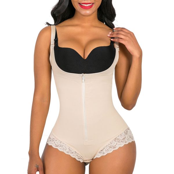 SHAPERX Shapewear for Women Tummy Control Fajas Colombianas Body Shaper Zipper Open Bust Bodysuit,SZ7200-Beige-6XL