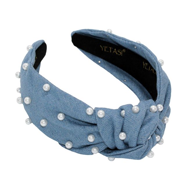 Denim Blue Pearl Knotted Headbands for Women Go with Everything.Comfy Soft Fabric Top Knot Headband For Women . Blue Jean Headband for Women Fashion Gets Compliments.Cute Jean Light Blue Headband