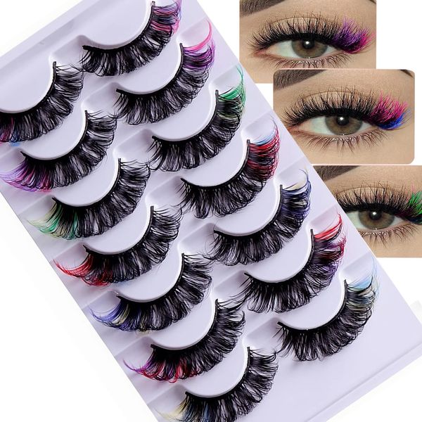 VNIHTT Colored Eyelashes Fluffy Eye Lashes with Color, Colorful Russian Strip Lashes D Curl Lash Strips Look Like Colored Lash Extensions 5D Reusable Faux Mink eyelashes False Lashes Pack 7 Pairs