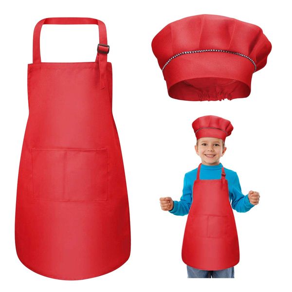 WEONE Children Apron & Chef Hat Set, Adjustable Poly-Cotton Apron with 2 Pockets, for Boys & Girls (Red, 7-13 Years)