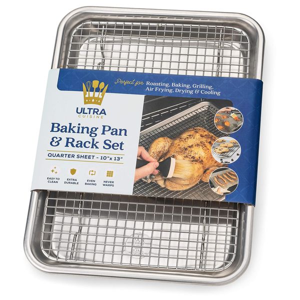 Ultra Cuisine Quarter Sheet Pan with Wire Rack Set - Includes Premium Aluminum Baking Sheet with Stainless Steel Baking Sheet Rack - Dishwasher Safe Cooling Rack with 1/4 Sheet Pan Commercial Quality