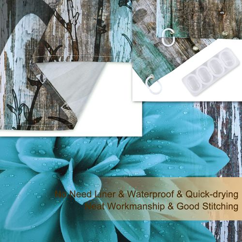RosieLily Teal Floral Shower Curtain, Farmhouse Turquoise Blue Flower Shower Curtains Set with 12 Hooks, Teal Daisy Grey Wood Shower Curtain, Gray Bathroom Decor, 72" W x 78" H