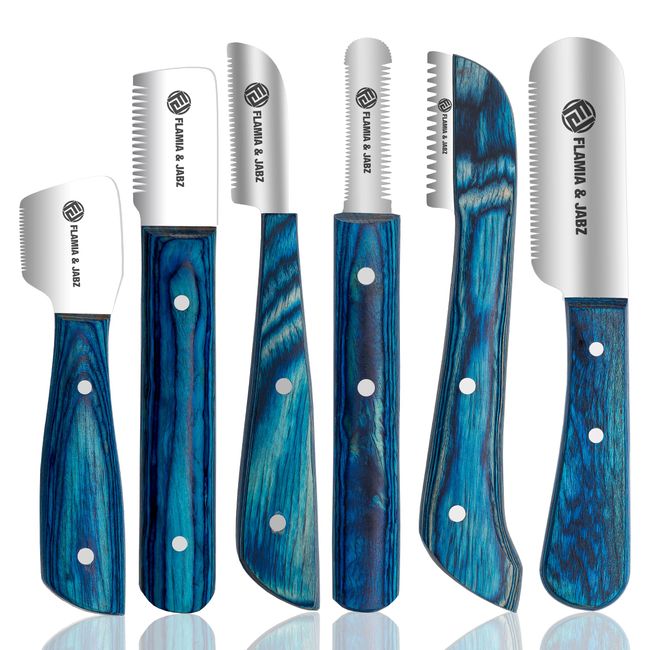 FLAMIA & JABZ Professional Stripping Knife kit (6 Pieces Set) for Dogs & Pets, Wooden Handle Grip with Stainless Steel Blade (Right Handed) (Blue)