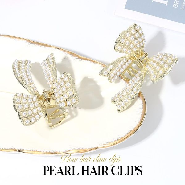 BARTOSI Bow Hair Claw Clips Pearl Hair Clip Gold Metal Hair Claw Barrettes Hair Jaw Clamps Hair Accessories for Women and Girls (Pack of 2)