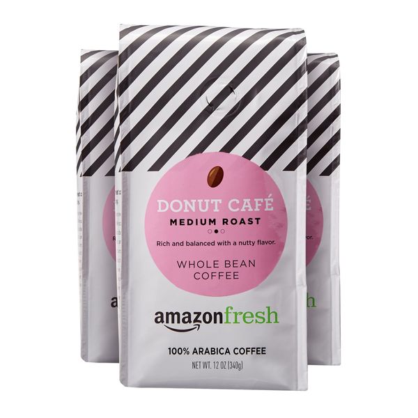 AmazonFresh Donut Cafe Whole Bean Coffee, Medium Roast, 12 Ounce (Pack of 3)