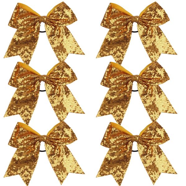 Metallic Sequin and Holographic 8 Inch Cheer Bow Cheerleader Cheerleading Jumbo Cheer Bow Hair Tie(Gold Sequin)